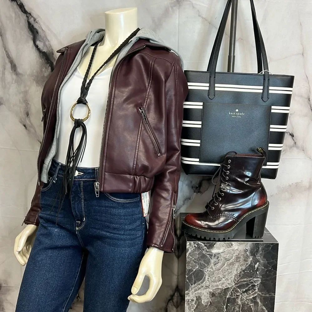 *Maroon, blank, NYC vegan leather jacket with sweatshirt layer